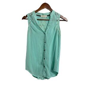 Rewind Womens Y2K Mint Green Lace Trim Button Up Sleeveless Blouse Size Small